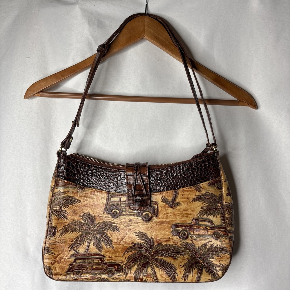 Brahmin Copa Cabana Leather Embossed Handbag Chocolate Brown Woody Car Palm Tree